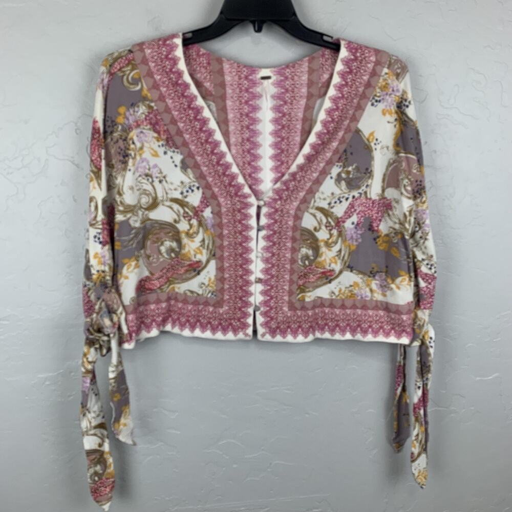 Free People Blouse Womens XS Pink Purple Boho Floral V Neck Tie Sleeve Cropped
